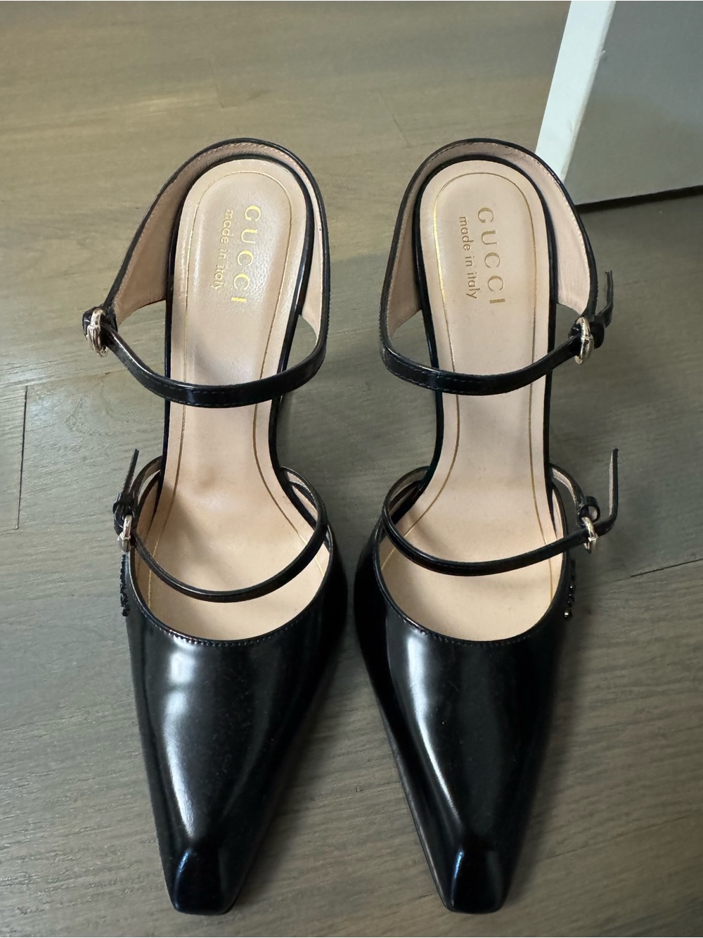 Gucci Black Patent Double-Strap Pointed Pumps